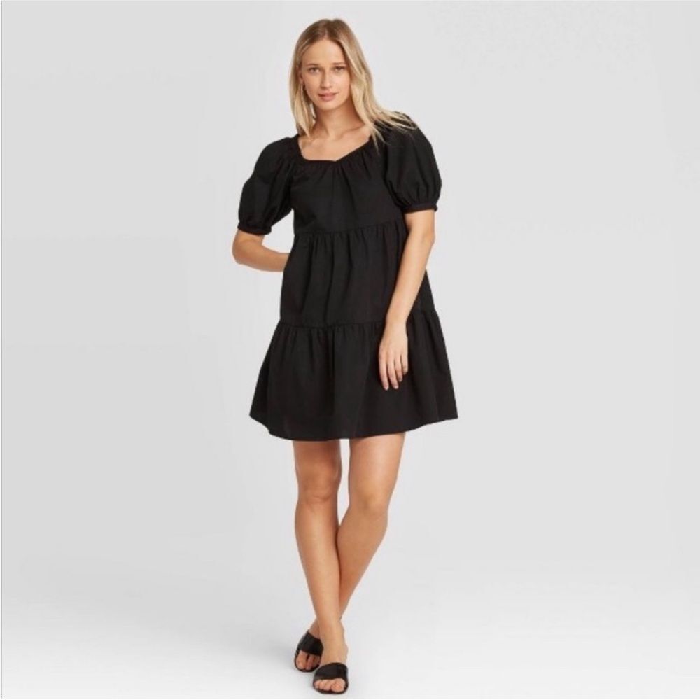 Who What Wear mini dress sz S summer resort black tiered babydoll puff sleeve